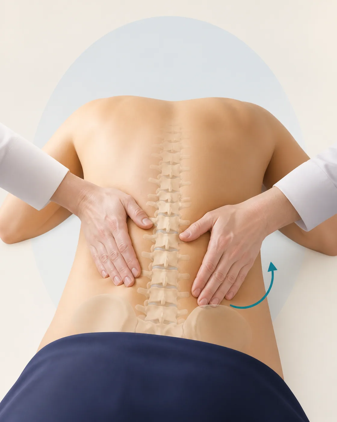 치료사가 환자의 척추 움직임과 자세를 확인하며 도수치료를 시행하는 의료 일러스트
