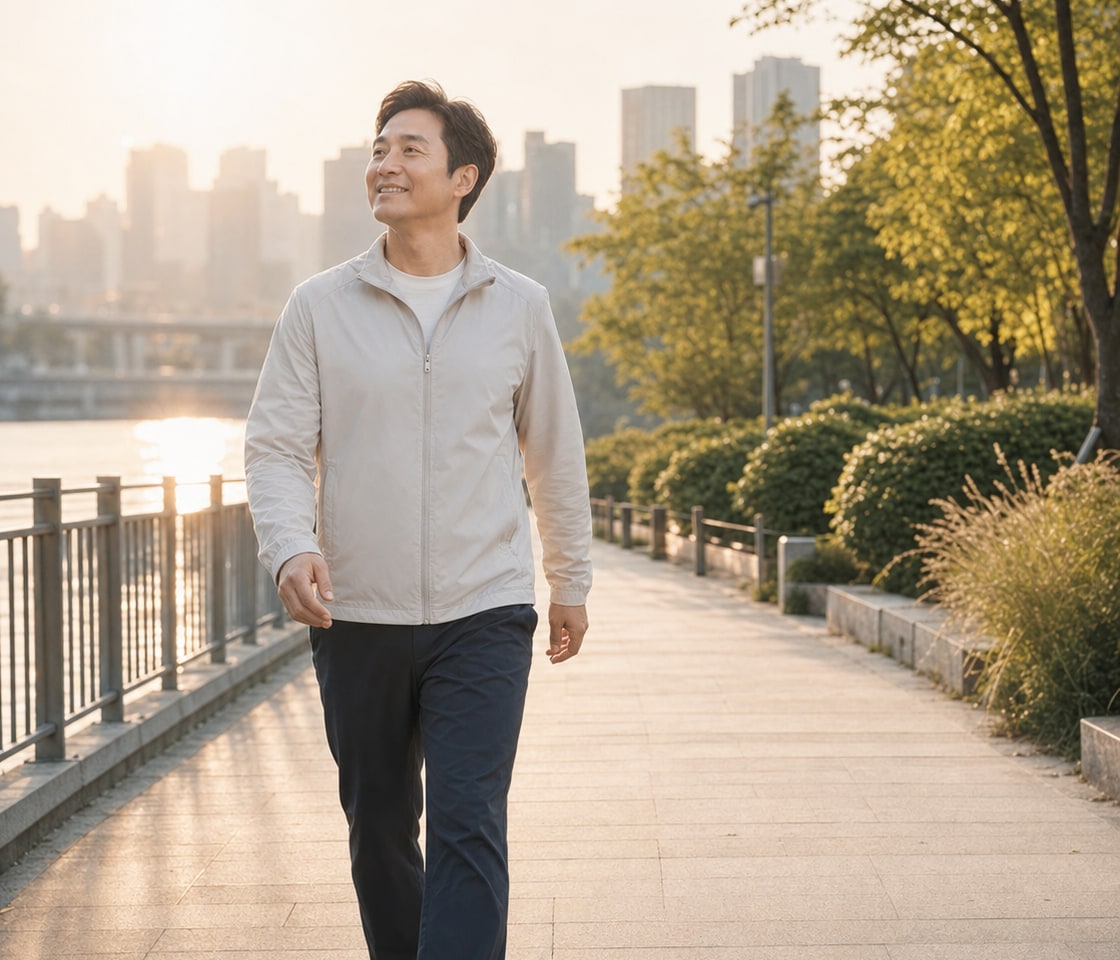햇살이 비치는 산책로를 편안하게 걷는 성인